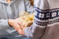 Hands of senior woman and a child holding Christmas gift Royalty Free Stock Photo
