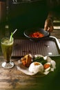 Fried chicken rice, vegetables, spicy chili sauce and avocado juice Royalty Free Stock Photo