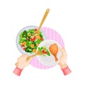 Hands Serving Vegetable Salad on Plate with Chicken Leg Above View Vector Illustration Royalty Free Stock Photo