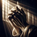 Hands set in praying position, as light beans from church window