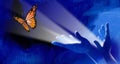 Hands set symbolic butterfly free in beam of light graphic background
