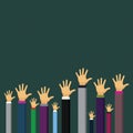 Hands of Several Businessmen Raising Up Above the Head Palm Facing Front. Creative Background Idea for Election Voting