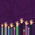Hands of Several Businessmen Raising Up Above the Head Palm Facing Front. Creative Background Idea for Election Voting