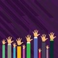 Hands of Several Businessmen Raising Up Above the Head Palm Facing Front. Creative Background Idea for Election Voting