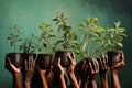 The hands of several people hold pieces of earth with sprouted green plants on a green background. The concept of ecology