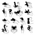 Hands shadow. Theatrical gestures hands puppets creative poses from human fingers different animals birds rabbit bear