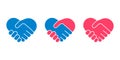 Hands shake, heart and help symbol. Handshake icon set. Man and woman communication, lover couple, lgbt. Partner