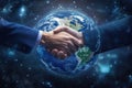 Hands Shaking Over Earth Reflecting Global Unity, Cooperation, Trust, Partnership in a Digital and Cosmic Style Background Royalty Free Stock Photo