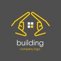 Hands shape the contour of the house. Construction company logo