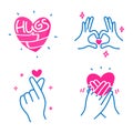 Hands in shape of love, finger Heart gesture, hand on chest and hugging heart doodle hand drawn line art illustration