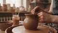 Hands shaping clay pot symbolizing creativity, artisan craft and mindfulness in warm studio. Image represents growing interest in Royalty Free Stock Photo