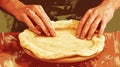 Hands shaping dough on a wooden surface, creating a circular form with raised edges