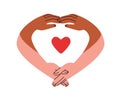 Hands shaping heart form together. Connected arms in unity, trust, love and solidarity. Support, charity, human Royalty Free Stock Photo