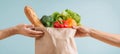 The hands sharing a paper bag filled with fresh vegetables and bread. AI generated image Royalty Free Stock Photo