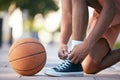 Hands, shoes and basketball in sports motivation for exercise, workout and exercise in the outdoors. Hand of sport Royalty Free Stock Photo