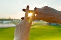 Hands show gesture symbol hashtag is viral, web, social media, network. Background is sunny urban sunset, concept for marketing, t Royalty Free Stock Photo