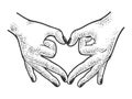 Hands show heart sign sketch vector illustration