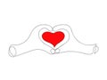 Hands show red heart sign abstract minimalism. Love symbol drawn with one line declaration of romantic.