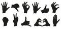 Hands show various popular signs. Hands filled with black paint. Vector illustration Royalty Free Stock Photo