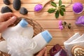 Hands showing bath hygiene products and other massage products top Royalty Free Stock Photo