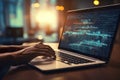 Hands-showing Coding programmer, a software engineer working on a laptop with javascript Royalty Free Stock Photo
