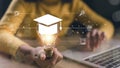Hands showing graduation hat, Internet education course degree, E-learning graduate certificate program concept. study knowledge