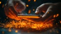 Hands Using Smartphone Over Glowing Digital Cityscape with ECommerce and Data Flow Royalty Free Stock Photo