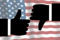 Hands showing thumbs up and thumbs down with the american flag in background. USA presidential election concept Royalty Free Stock Photo