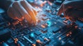 Hands are shown delicately assembling or inspecting a complex circuit board, illuminated by blue and orange