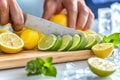 Hands are shown slicing lemon and mint on ice to make a cool and refreshing beverage with modern Royalty Free Stock Photo