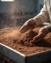 Hands sifting cocoa powder creating dust cloud in bakery setting Royalty Free Stock Photo