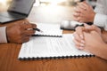 Hands, signing and couple with lawyer and contract for marrriage, mortgage or insurance. Legal, investment and a man and Royalty Free Stock Photo