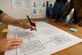 Hands Sketching Website User Interface Wireframes on Paper user experience Royalty Free Stock Photo