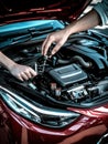 Auto mechanic works on car engine in an outdoor garage during daytime focusing on maintenance and repairs for optimal performance Royalty Free Stock Photo