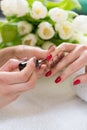 Hands of a skilled manicurist applying red nail polish on the na Royalty Free Stock Photo