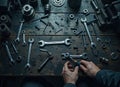Hands of a skilled technician working with various tools on a wooden workbench. AI Generated Image. Royalty Free Stock Photo
