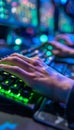 Hands skillfully navigating a vibrant gaming keyboard amidst a competitive online tournament setting