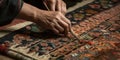 Hands skillfully weave a vibrant, handmade rug, displaying the artisan dedication to preserving an ancient tradition