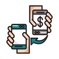 Hands with smartphones devices transfer money shopping or payment mobile banking line and fill icon