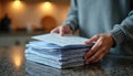 Hands sort stack of letters on kitchen counter. Person organizing mail at home. Domestic paperwork. Information sorting, home Royalty Free Stock Photo