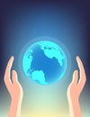 Hands in space from the side of the sunlight protects the planet Earth. Royalty Free Stock Photo