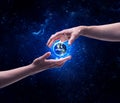 Hands in space touching planet earth Royalty Free Stock Photo