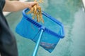 Hands with special skimmer mesh equipment cleaning swimming pool Royalty Free Stock Photo