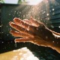 Hands in splashes of water, bright sunlight shines on hands,