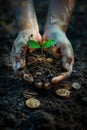 in the hands of a sprout and coins. Selective focus Royalty Free Stock Photo