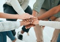 Hands stack, group and team with support, care and together with solidarity, advice and empathy at job. People, friends