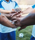 Hands stacked, sports and men on a soccer field for support, motivation and team spirit. Goal, training and athlete
