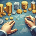 Hands with stacks of coins, gold bars, graphs, diagrams, computer with a world map. Planning financi Royalty Free Stock Photo