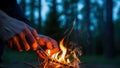 Hands starting a small campfire with a fire starter in a dark forest. Royalty Free Stock Photo
