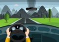 Hands on Steering Wheel. Car on Road with Mountains on Background. Royalty Free Stock Photo